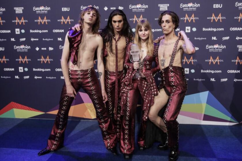 More than 185 million TV viewers tuned in for Italian glam-rock band Maneskin's 2021 Eurovision Song Contest-winning performance. The band's members are, from left, Thomas Raggi, Ethan Torchio, Victoria De Angelis and Damiano David.