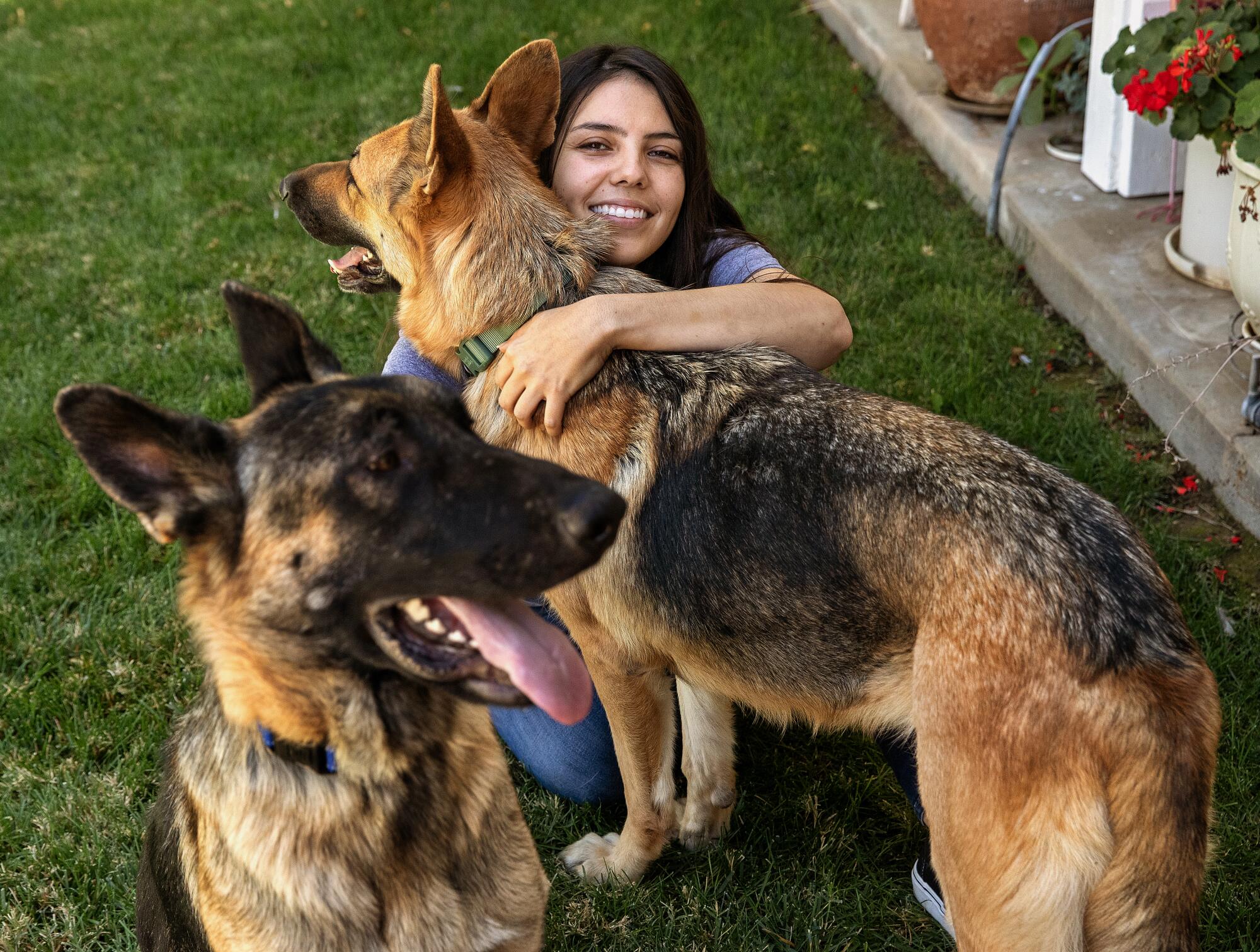 A woman kneeling on a lawn with her arm around one German shepherd as another sits nearby