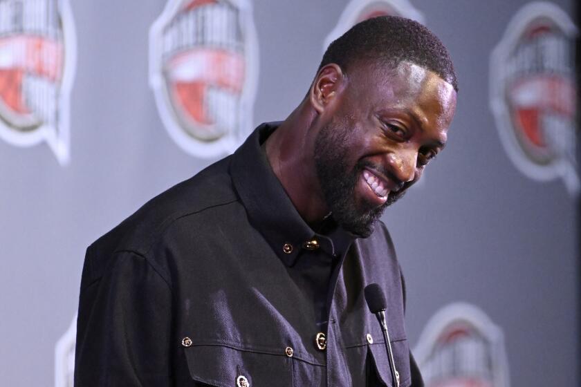 FILE - Basketball Hall of Fame Class of 2023 inductee Dwyane Wade speaks at an NBA news conference at Mohegan Sun, Friday, Aug. 11, 2023, in Uncasville, Conn. Wade announced Thursday, May 23, 2024, that he has launched Translatable, a nonprofit online community dedicated to supporting transgender youth at the Make Good Famous Summit after receiving the Elevate Prize Catalyst Award. (AP Photo/Jessica Hill, File)
