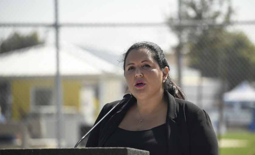 San Diego County Superintendent Nora Vargas speaks at the graduation ceremony for Lincoln Acre County Park in the National City 