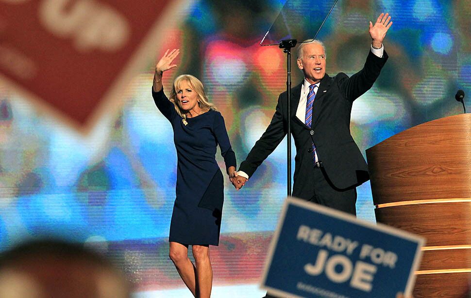 Vice President Joe Biden is joined onstage by his wife, Jill, after his speech at the Democratic National Convention.