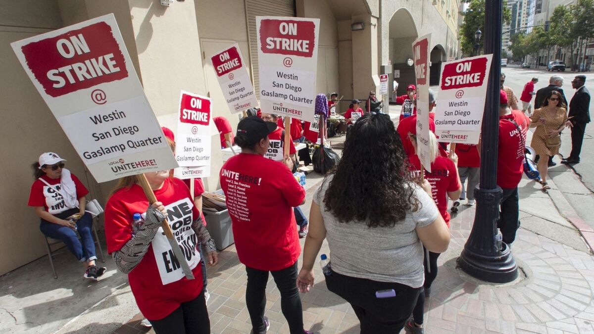 Hotel workers represented by Unite Here Local 30 went on strike early last month for better wages and working conditions at the Westin San Diego Gaslamp Quarter Hotel in downtown San Diego. They ratified an agreement Sunday that