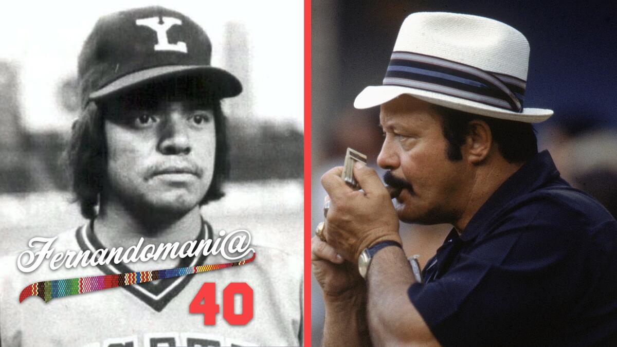 a diptych of a young Fernando Valenzuela (left) and Dodgers scout Mike Brito (right).