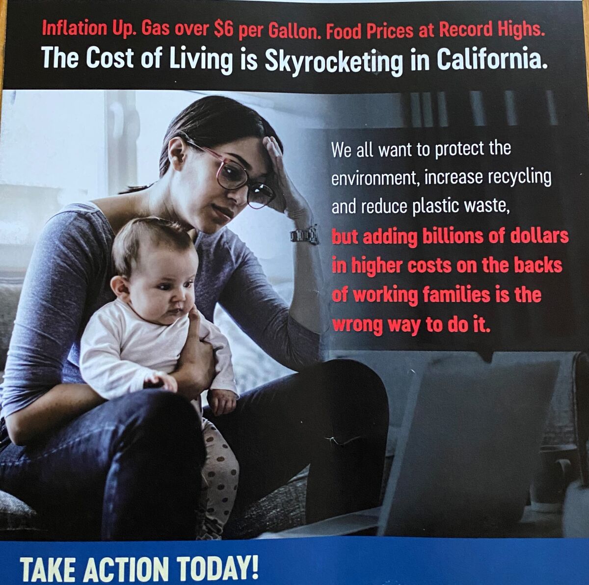 A mailer shows a harried parent with the header "The Cost of Living is Skyrocketing in California."