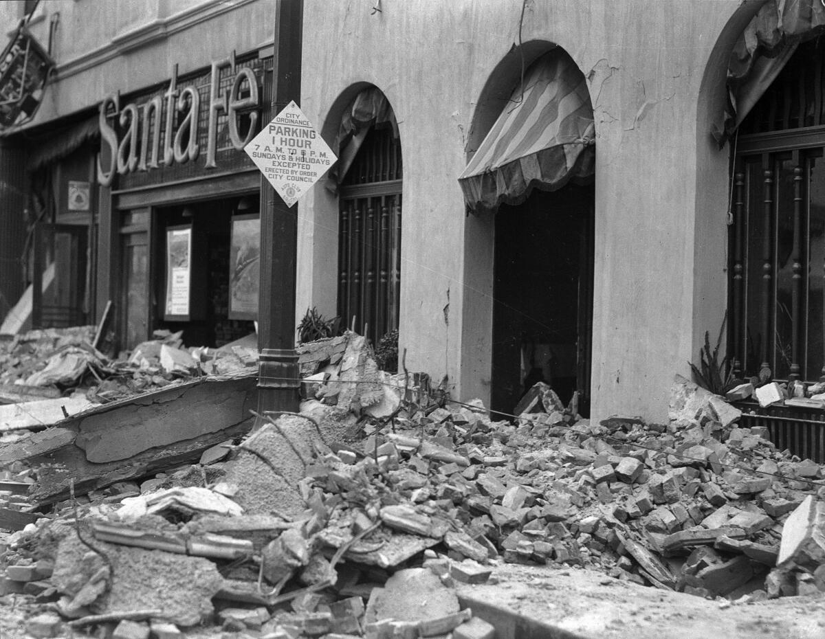 Earthquake-damaged building occupied by the Rossmore Hotel located at 406 N. Sycamore St., Santa Ana.