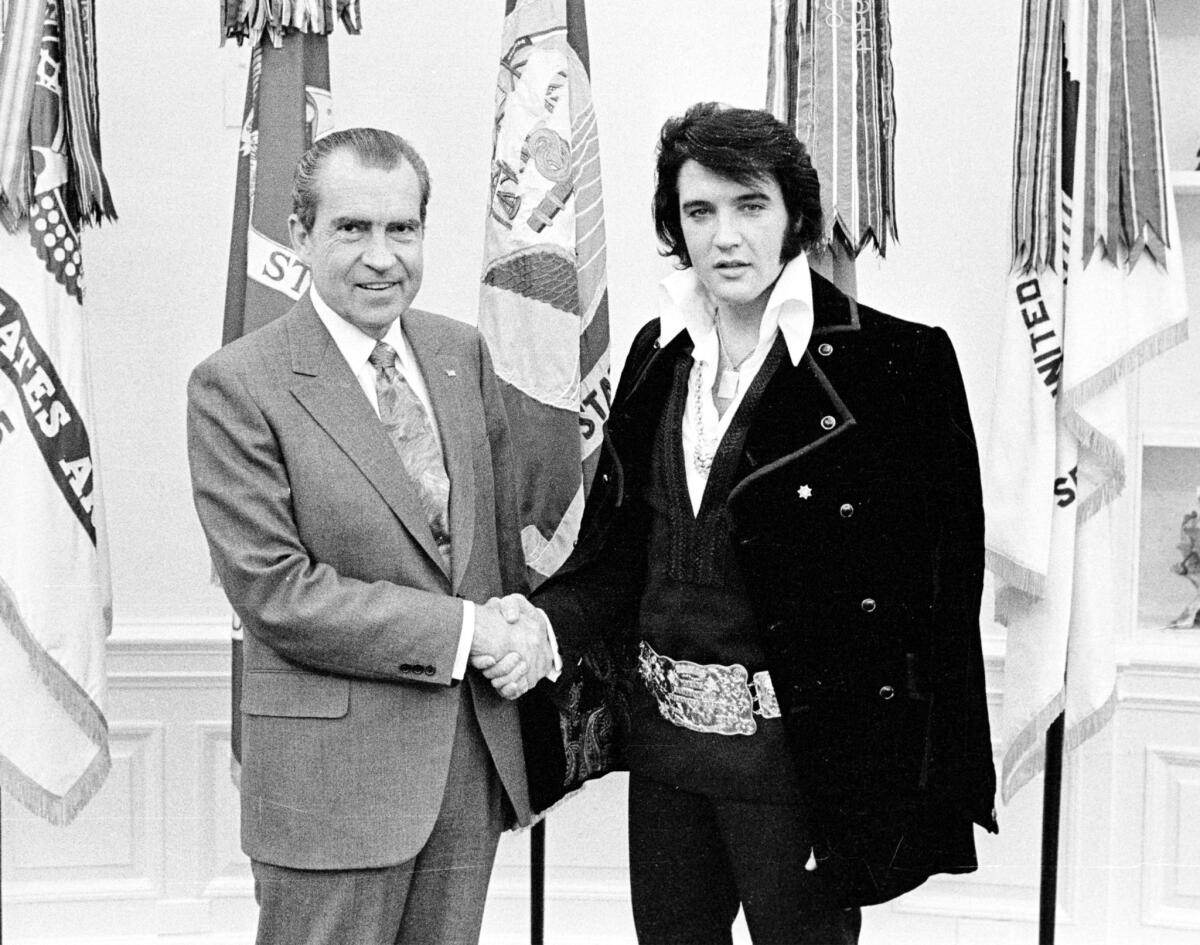 President Nixon's meeting with Elvis Presley on Dec. 21, 1970, at the White House, is the inspiration for the forthcoming film "Elvis & Nixon." The image is the most requested among millions of images stores in the National Archive.