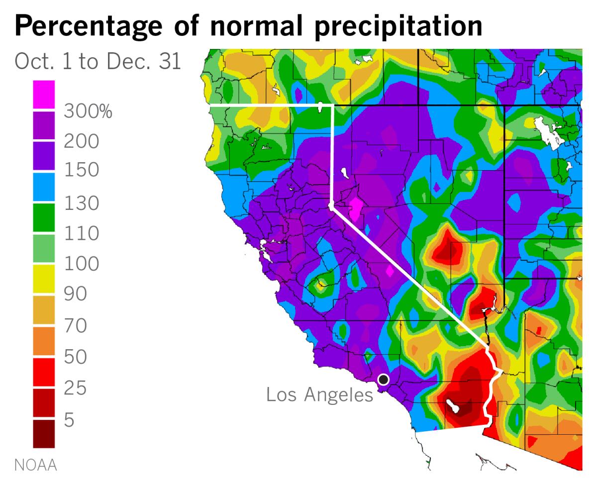 Map showing percentage of normal precipitation for the water year thus far.