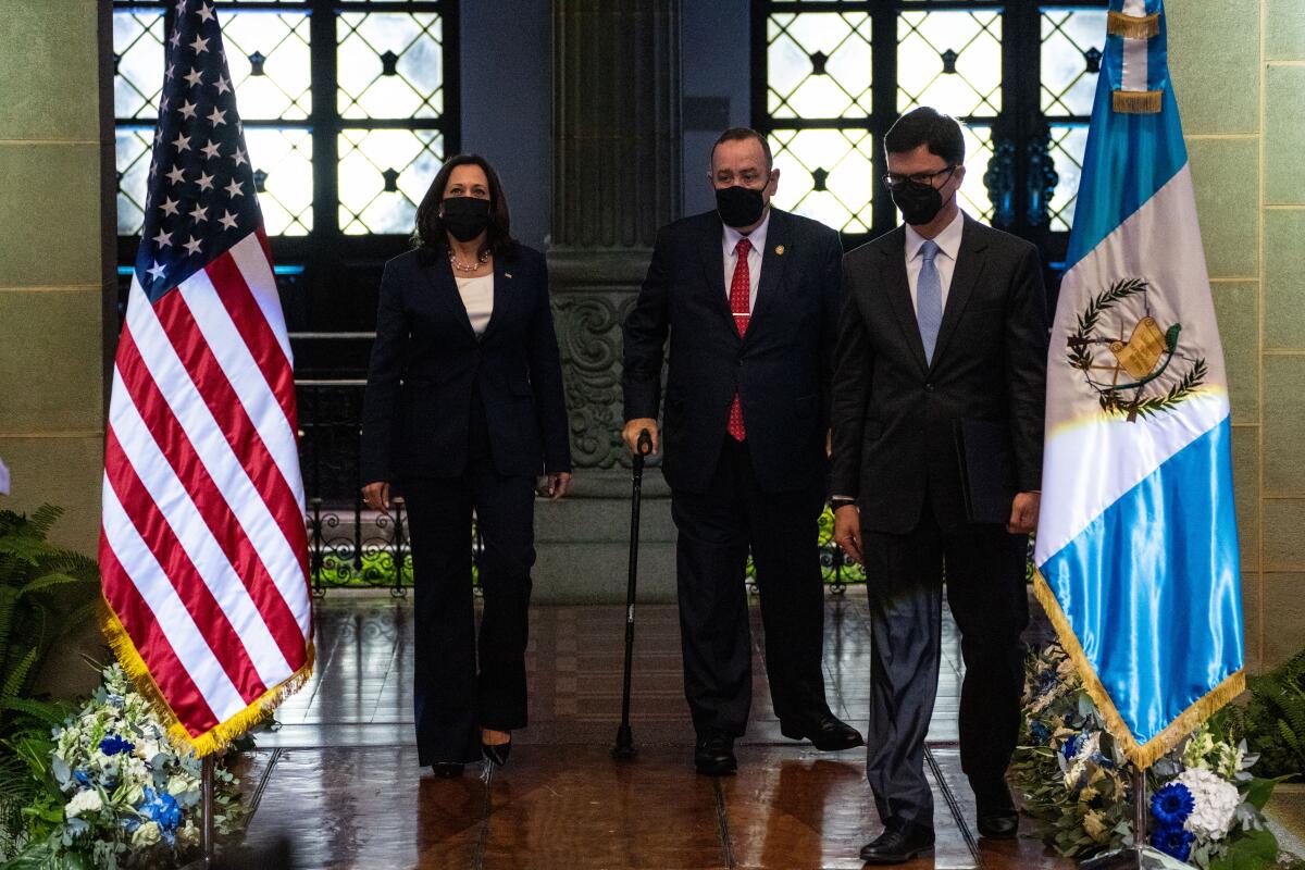 Kamala Harris and two men walk on a walkway bordered by an American flag and a Guatemalan flag.