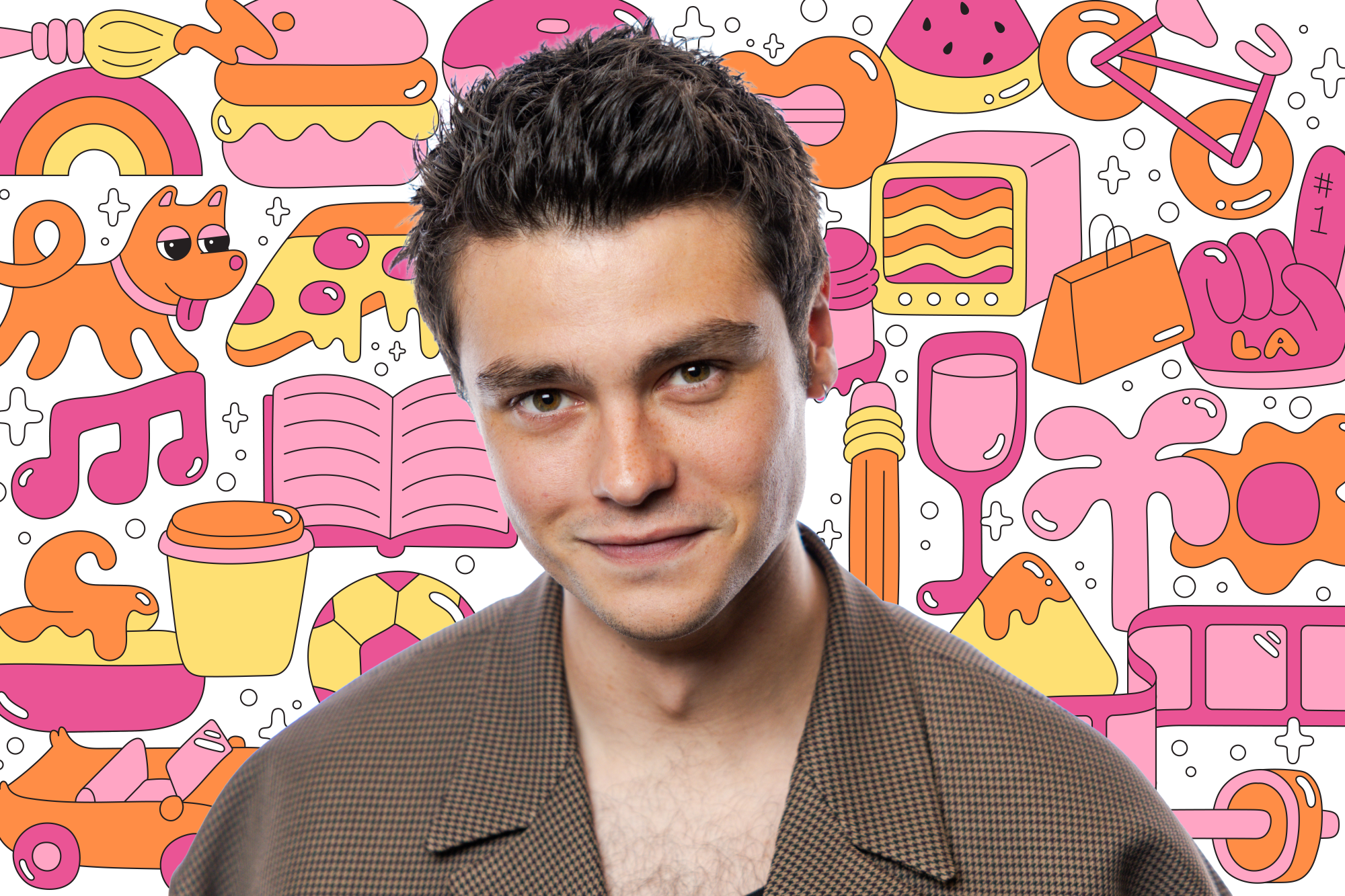 Photo of a person on a background of colorful illustrations like a book, dog, pizza, TV, shopping bag and more