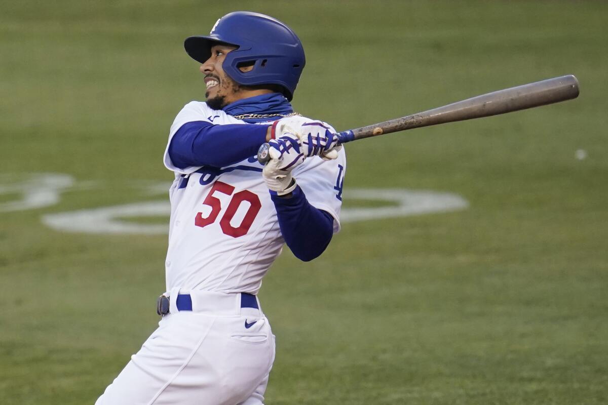 Dodgers' Mookie Betts flies out against the Arizona Diamondbacks on Thursday, Sept. 3, 2020