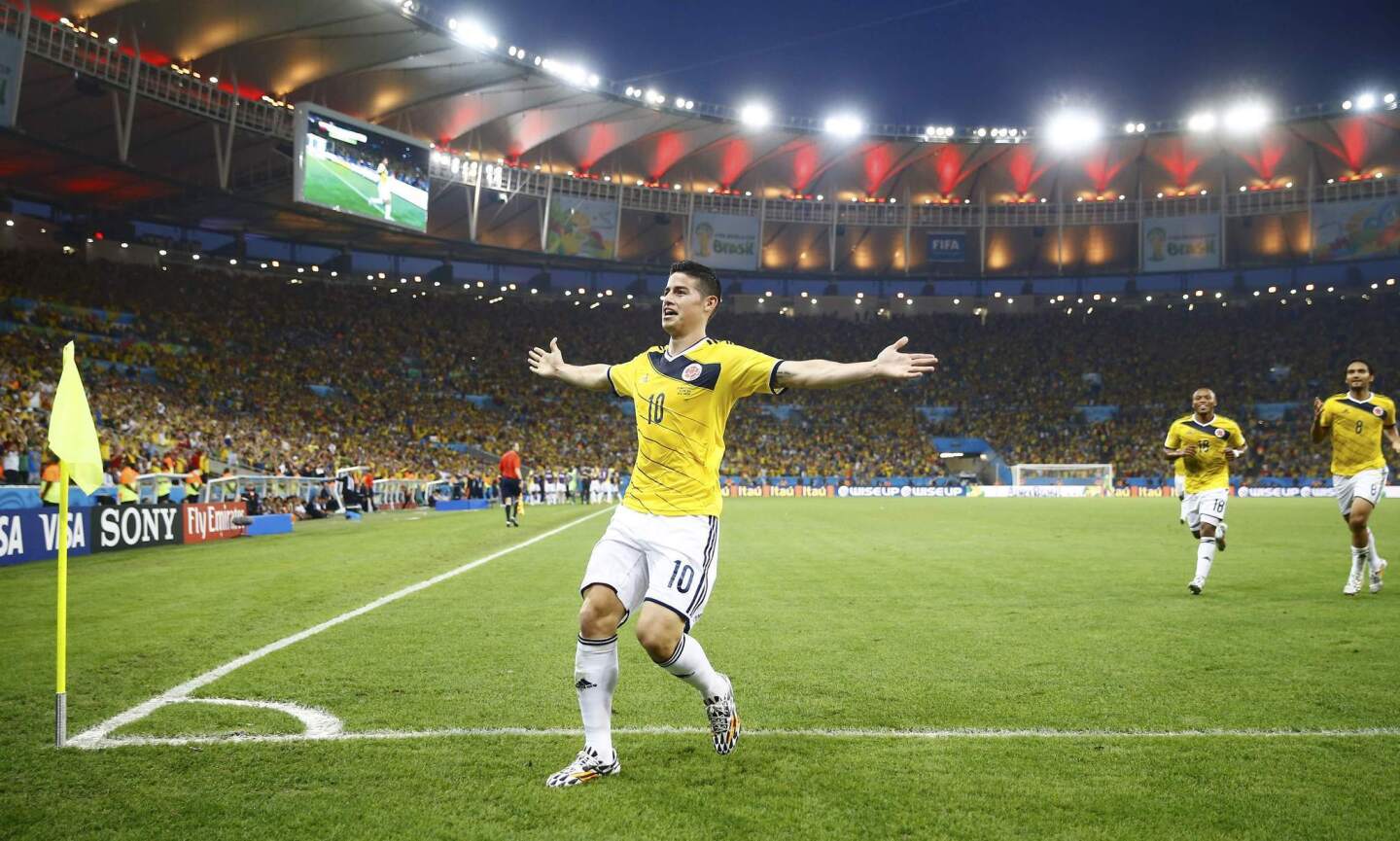 Colombia's Rodriguez celebrates his goal against Uruguay during their 2014 World Cup round of 16 game at the Maracana stadium in Rio de Janeiro