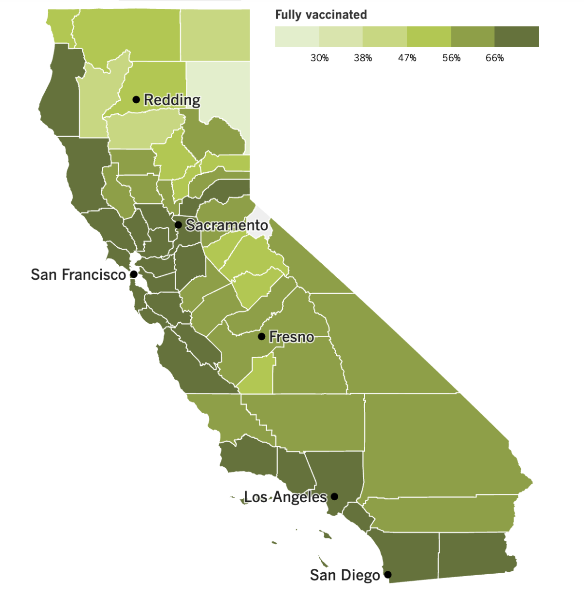 A map showing California's COVID-19 vaccination progress by county.