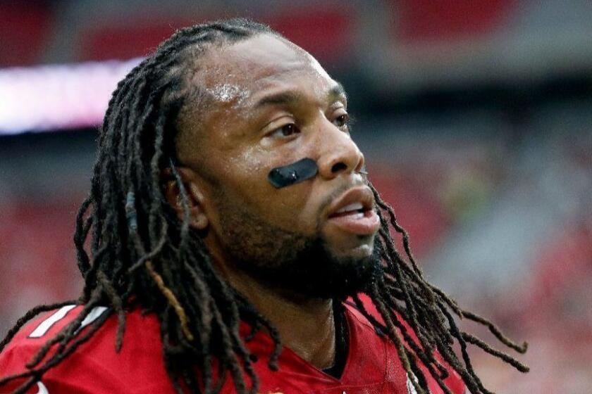 Arizona Cardinals wide receiver Larry Fitzgerald (11) takes the field prior to an NFL football game against the Washington Redskins, Sunday, Sept. 9, 2018, in Glendale, Ariz. (AP Photo/Rick Scuteri)