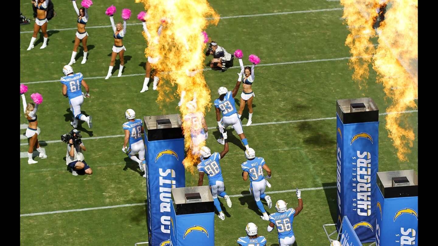The Los Angeles Chargers take the field before a game against the Oakland Raiders at the StubHub Center in Carson on Oct. 7, 2018. (Photo by K.C. Alfred/San Diego Union-Tribune)