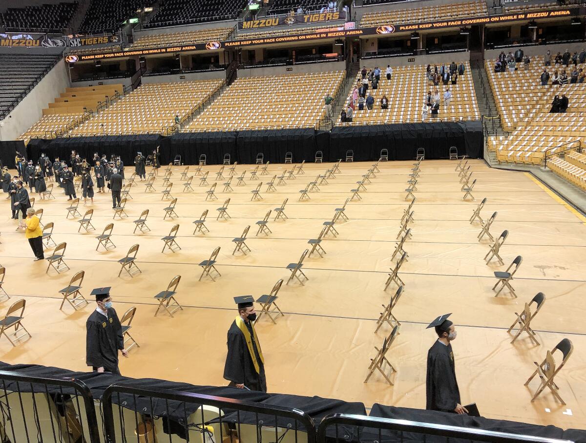Inside the Hearnes Center at the University of Missouri where a make-up graduation ceremony for the class of 2020 was held. 