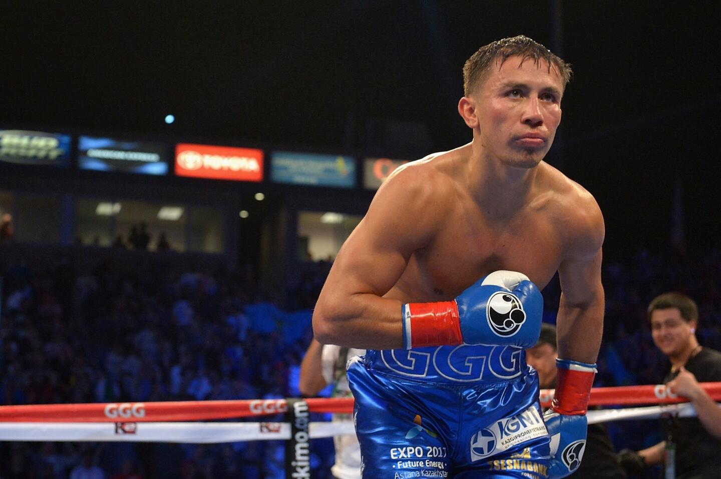 Gennady Golovkin celebrates in the ring after beating Marco Antonio Rubio in two rounds at StubHub Center.