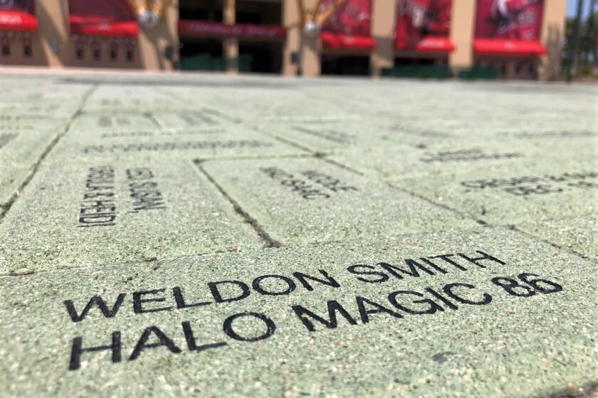 One of the many names outside the home-plate entrance to Angel Stadium.