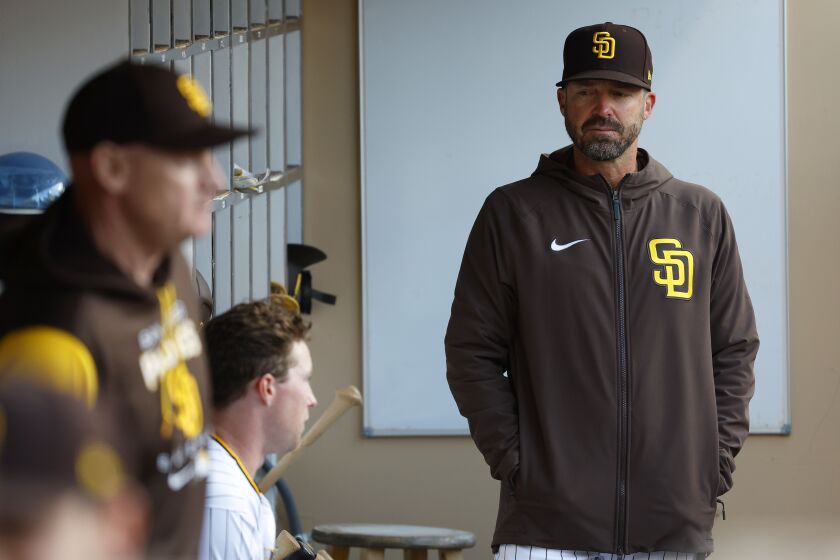 SAN DIEGO, CA - MAY 10: Ryan Christenson took over interim manager duties with manager Bob Melvin out against the Chicago Cubs at Petco Park on Tuesday, May 1o, 2022 in San Diego, CA. (K.C. Alfred / The San Diego Union-Tribune)