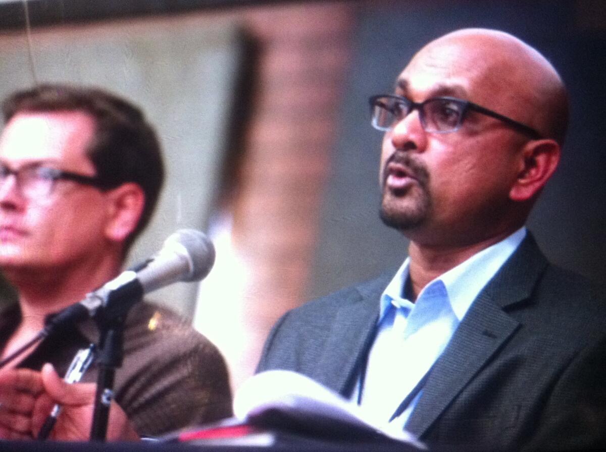 Los Angeles Times Editor Davan Maharaj, right, and staff writer Jason Felch talk about accountability at the newspaper.