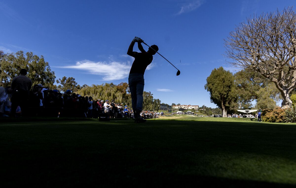 Joaquin Niemann tees off on No. 9 during the third round of the Genesis Invitational at Riviera Country Club.