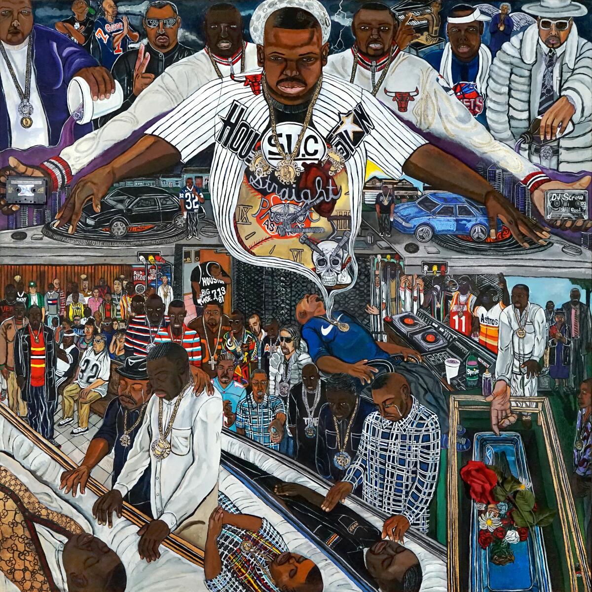 A painting shows the figure of a Black man hovering over various scenes, including a funeral
