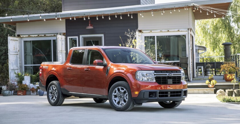This photo provided by Ford shows the 2022 Ford Maverick, a compact pickup truck with a choice of a hybrid or turbocharged engine. (Courtesy of Ford Motor Co. via AP)