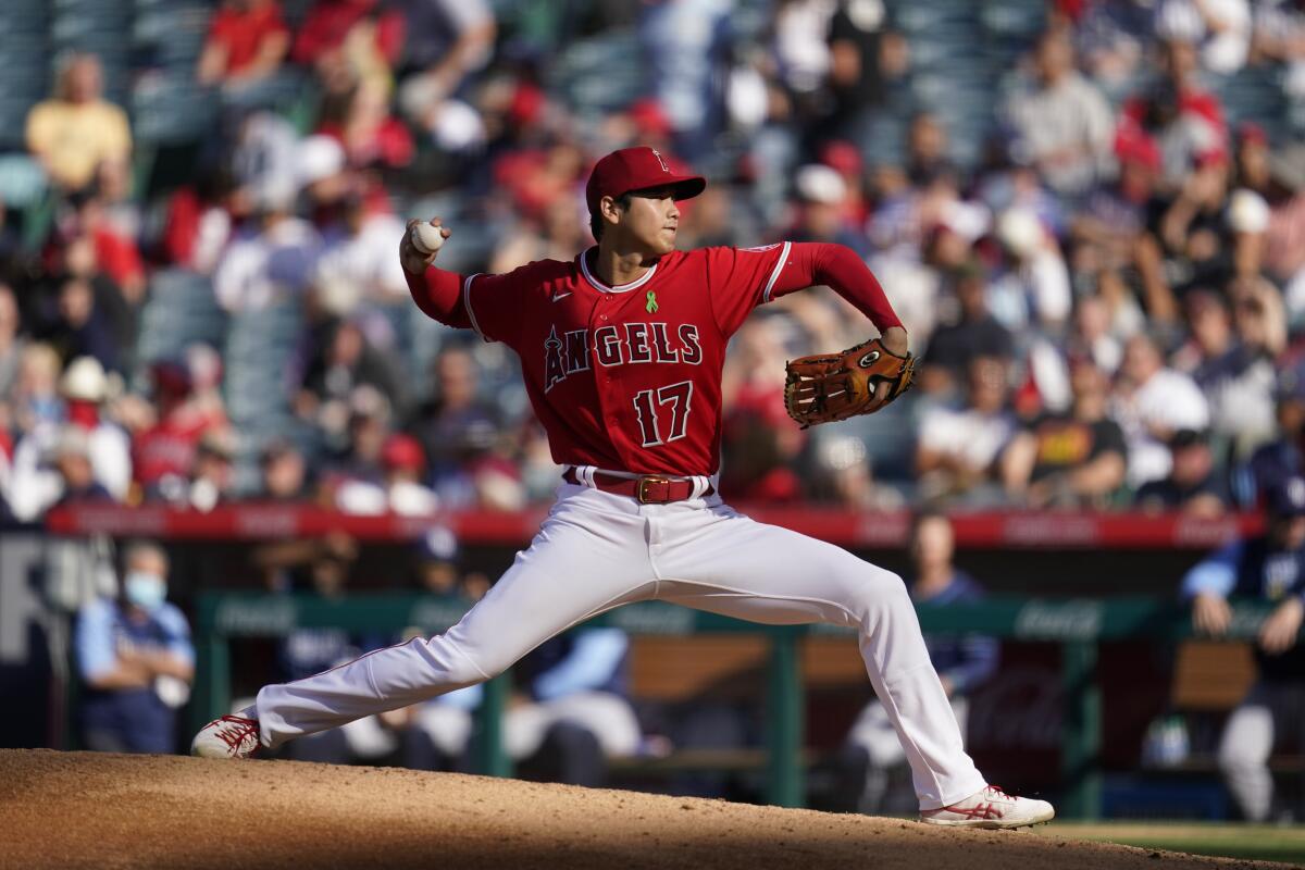 Angels pitcher Shohei Ohtani throws during the fourth inning against the Tampa Bay Rays.