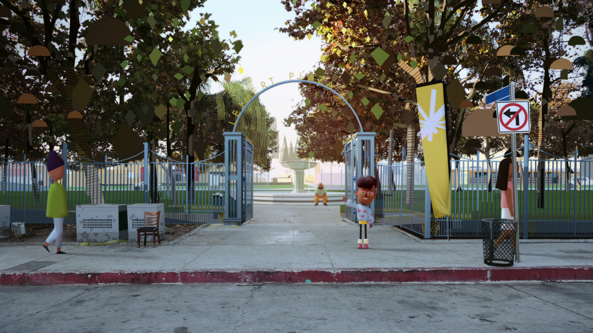 Animated figures stand on the sidewalk and sit at a fountain at a gated park.