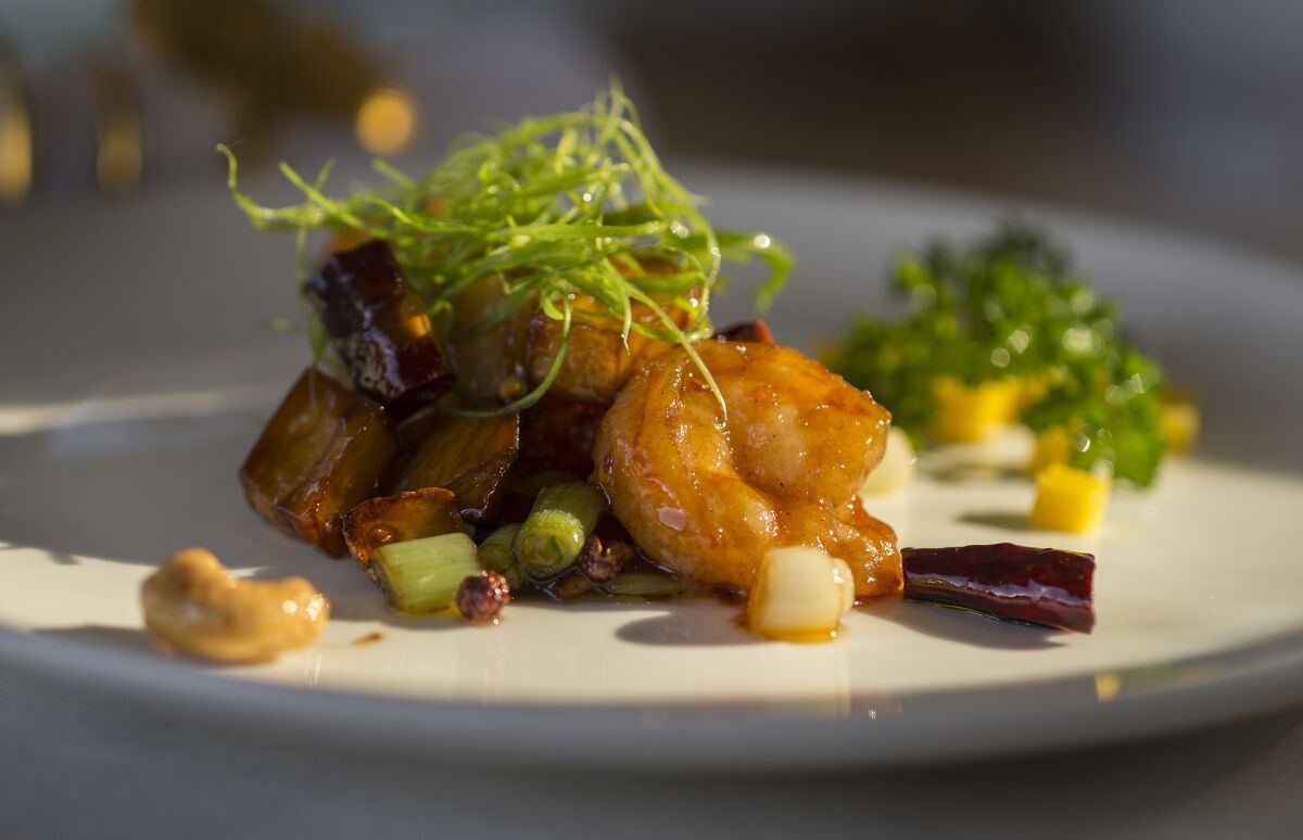 Kung pao shrimp is the sixth course in the nine-course chef's menu at Chengdu Impression restaurant.