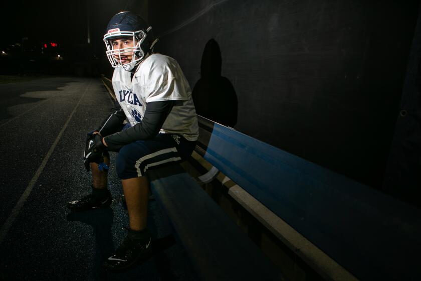 LOS ANGELES, CA - MARCH 10: Josh Morales, (77), right guard, at Loyola High poses for a portrait on Wednesday.