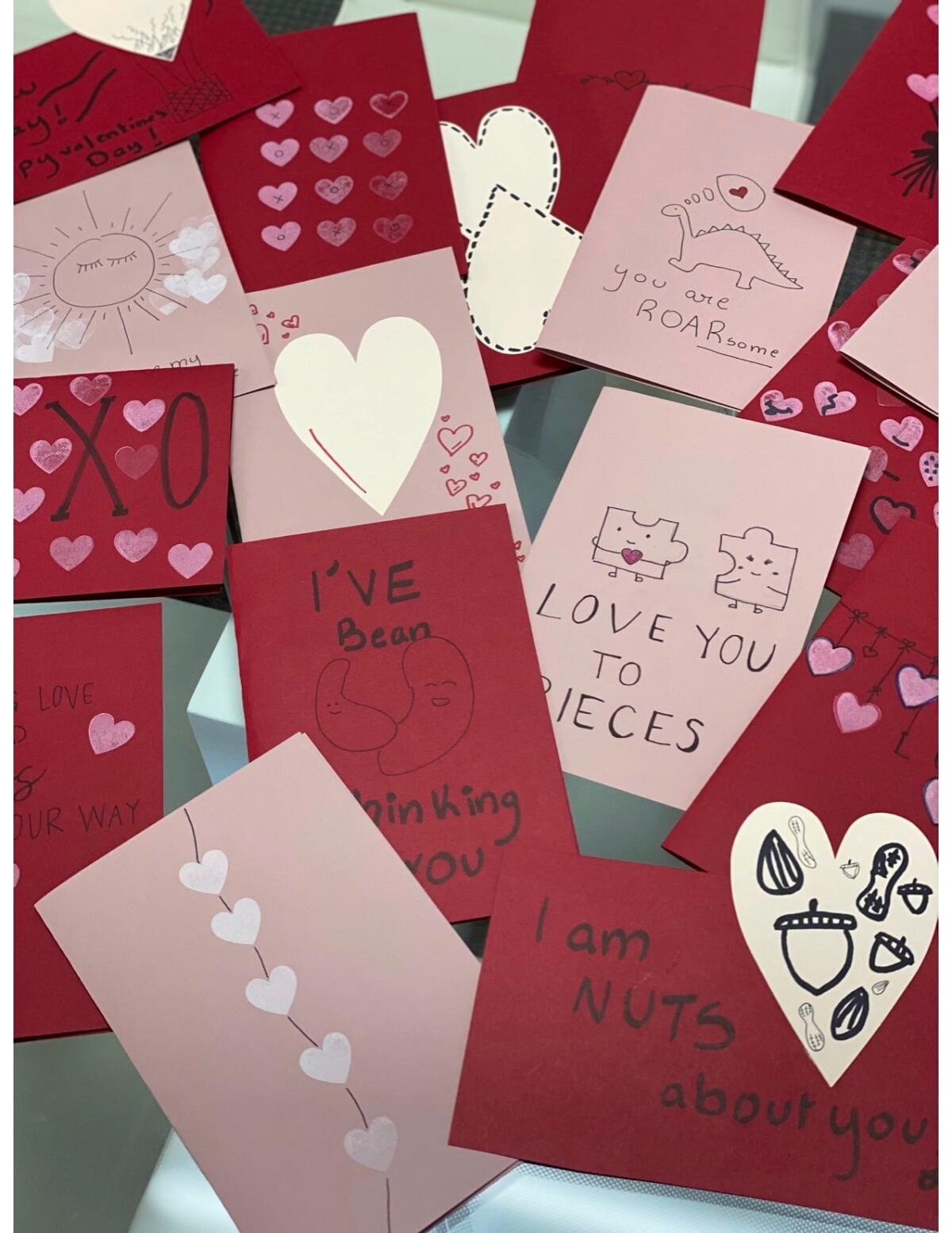 Handmade Valentine's Day cards created and collected to be given to seniors in long-term care through the Council on Aging.