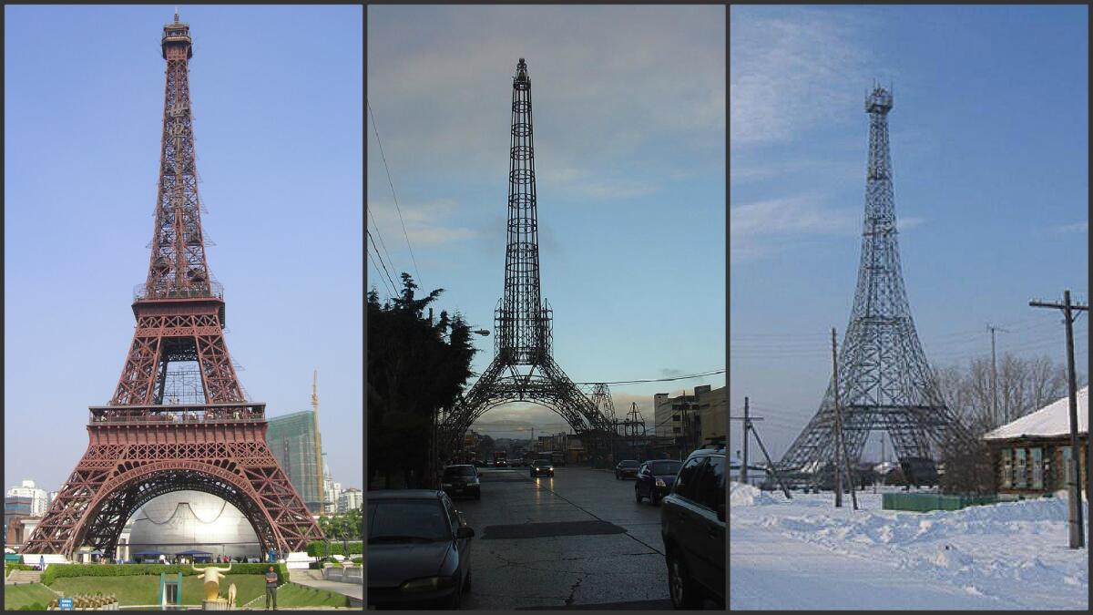 Eiffel Towers in Shenzen, China (left), Guatemala City, Guatemala (middle) and Parizh, Russia (right).