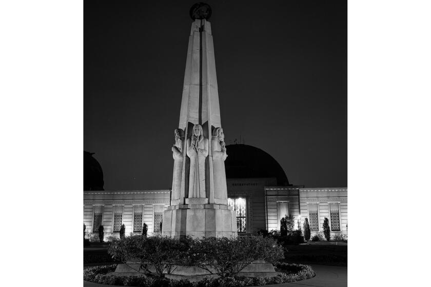 Nov. 18, 1955: The Obelisk at entrance to Griffith Observatory and Planetarium. This photo was used in the Know Your City photography series and published in the Nov. 28, 1955 Los Angeles Times.