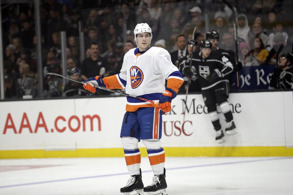 Islanders defenseman Ryan Pulock (6) looks on during a game against the Kings on Nov. 27 at Staples Center.