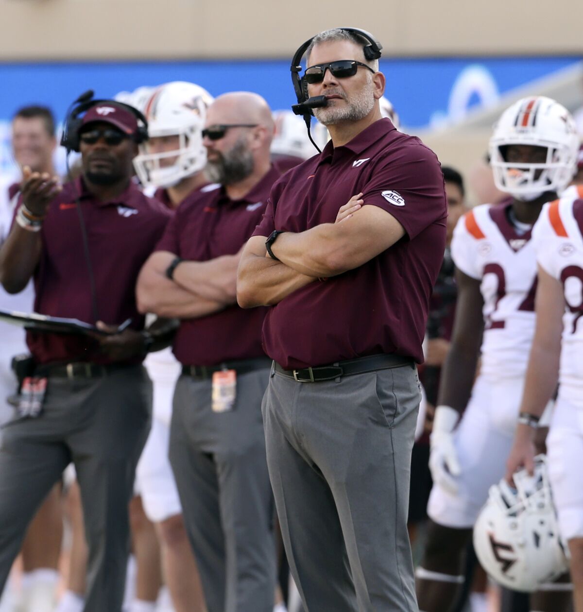 Virginia Tech head coach Justin Fuentes stands on the sideline in the second half of an NCAA college football game against Middle Tennessee, Saturday, Sept. 11, 2021, in Blacksburg Va. (AP Photo/Matt Gentry)