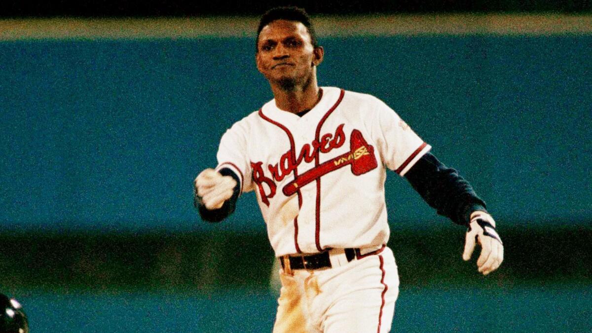 An Oct. 24, 1992 file photo of Atlanta Braves' Otis Nixon in game six of the World Series in Atlanta against the Toronto Blue Jays.