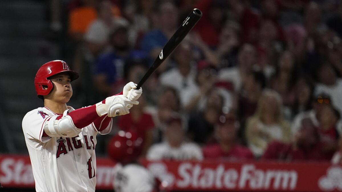 Angels' Shohei Ohtani bats during a game against the Seattle Mariners on Aug. 16 in Anaheim.
