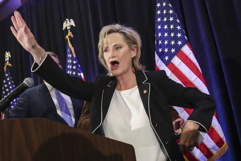 JACKSON, MS - NOVEMBER 27: U.S. Senator Cindy Hyde-Smith (R-MS) waves to supporters after speaking during an election night event at The Westin Hotel, November 27, 2018 in Jackson, Mississippi. Hyde-Smith defeated Democratic candidate Mike Espy in Tuesday's U.S. Senate special runoff election in Mississippi. (Photo by Drew Angerer/Getty Images) ** OUTS - ELSENT, FPG, CM - OUTS * NM, PH, VA if sourced by CT, LA or MoD **