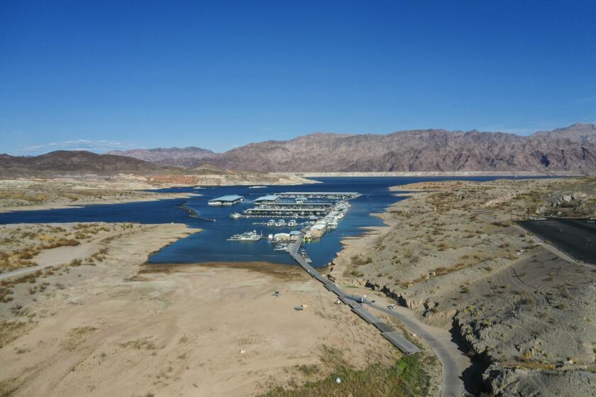 Lake Mead, NV - June 29: An aerial view of the drought's effects at the Callville Bay Resort & Marina, Lake Mead. Lake Mead is at its lowest level in history since it was filled 85 years ago. The ongoing drought has made a severe impact on Lake Mead and a milestone in the Colorado River's crisis. High temperatures, increased contractual demands for water and diminishing supply are shrinking the flow into Lake Mead. Lake Mead is the largest reservoir in the U.S., stretching 112 miles long, a shoreline of 759 miles, a total capacity of 28,255,000 acre-feet, and a maximum depth of 532 feet. (Allen J. Schaben / Los Angeles Times)