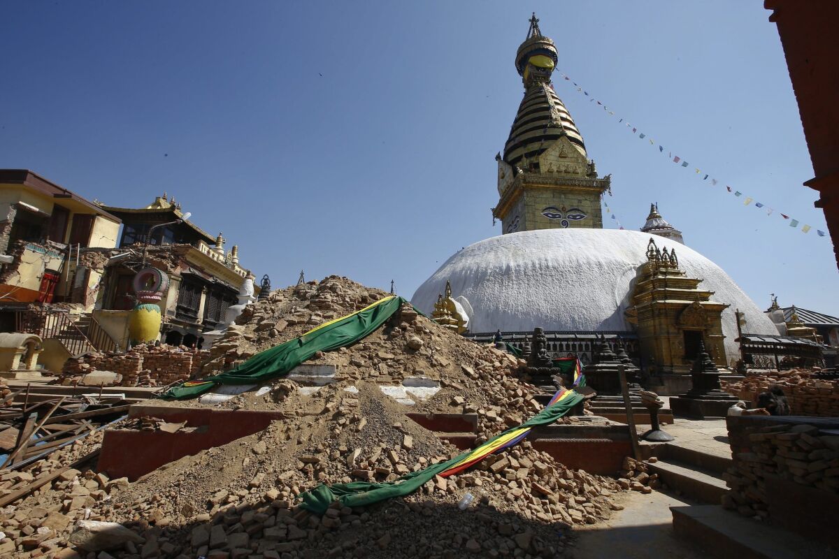 The damaged Nepalese heritage site Syambhunaath Stupa, also known as the Monkey Temple, is shown after last month's deadly earthquake in Nepal. The quake has claimed thousands of lives -- and lots of historic architecture.