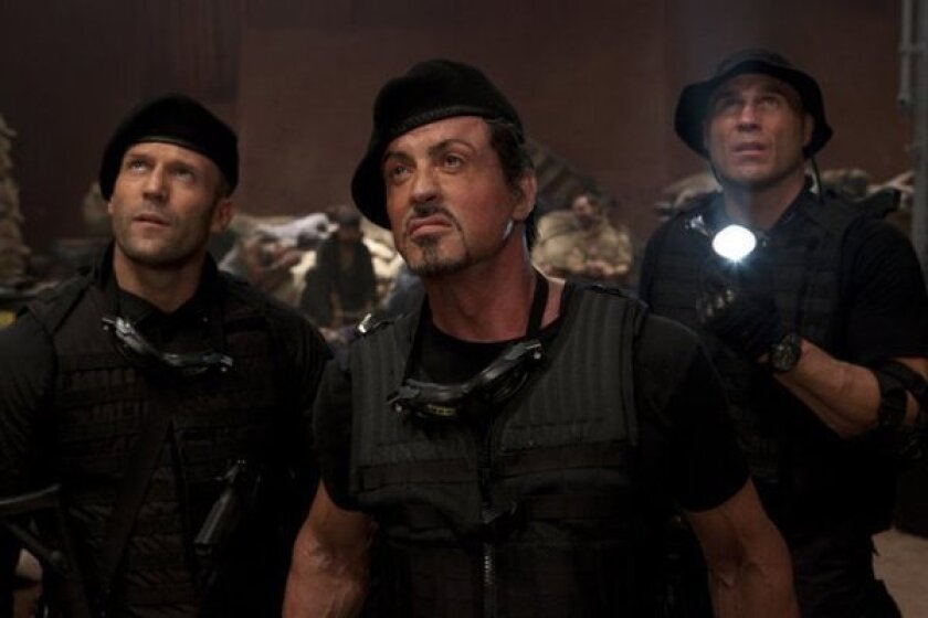 From left, Jason Statham, Sylvester Stallone and Randy Couture star in "The Expendables 2."