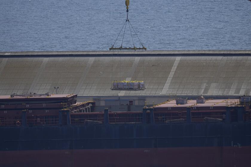 A crane loads food aid for Gaza onto the container ship Sagamore docked at Larnaca port, Cyprus, Wednesday, May 8, 2024. (AP Photo/Petros Karadjias)