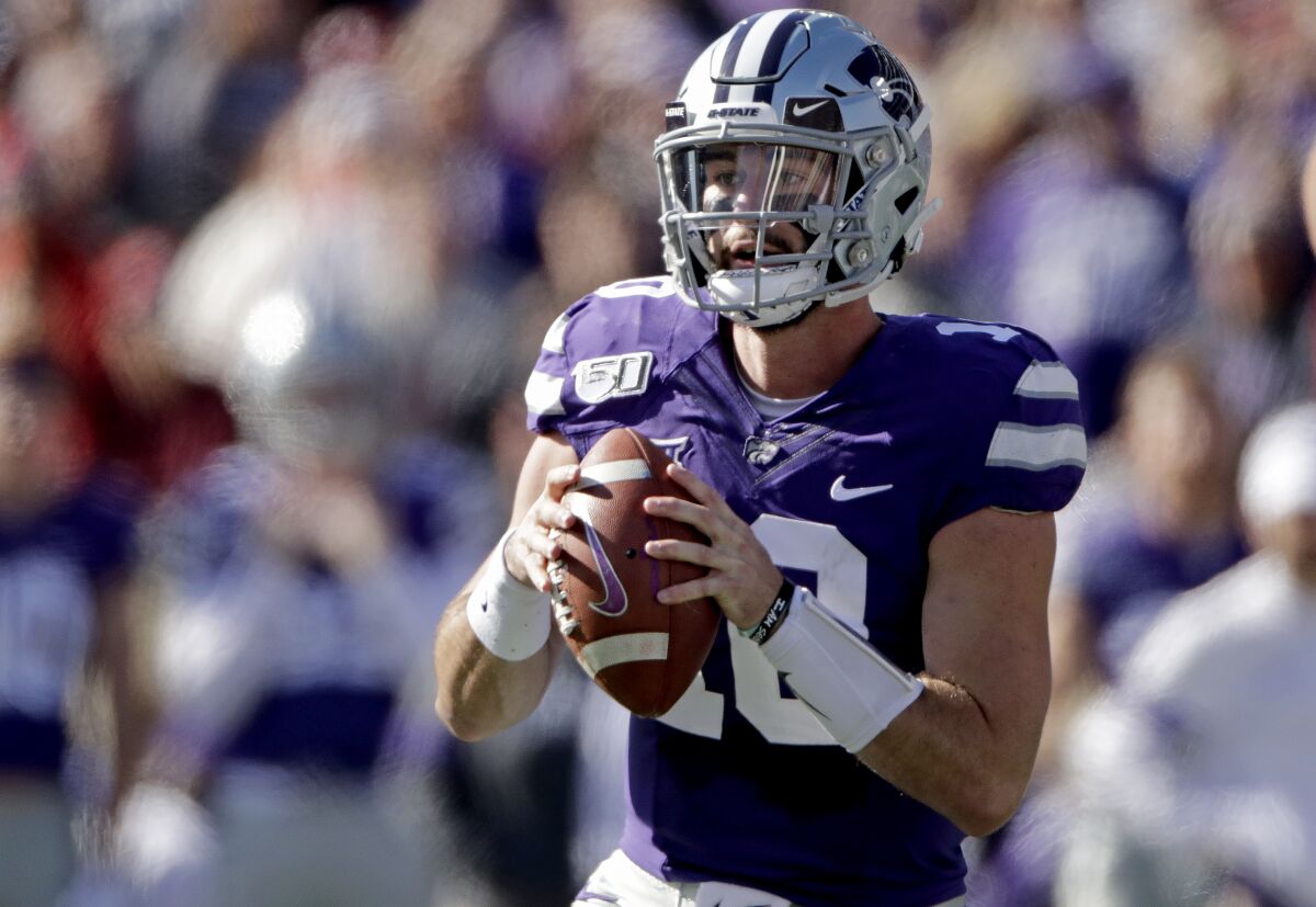 Kansas State quarterback Skylar Thompson looks for a receiver during the first half of the Wildcats' game against Oklahoma on Oct. 26, 2019, in Manhattan, Kan.