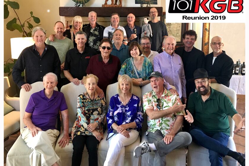 Longtime members of the KGB/101.5 FM staff are shown at a 2019 alumni brunch at the home of Gabriel Wisdom (back row, second from the right). Wisdom is among the interviewees in "KGB and the FM Radio Revolution," a documentary series from San Diego filmmakers Raul Sandelin and Tony Butler. The series begins screening at the San Diego Central Library on June 13.