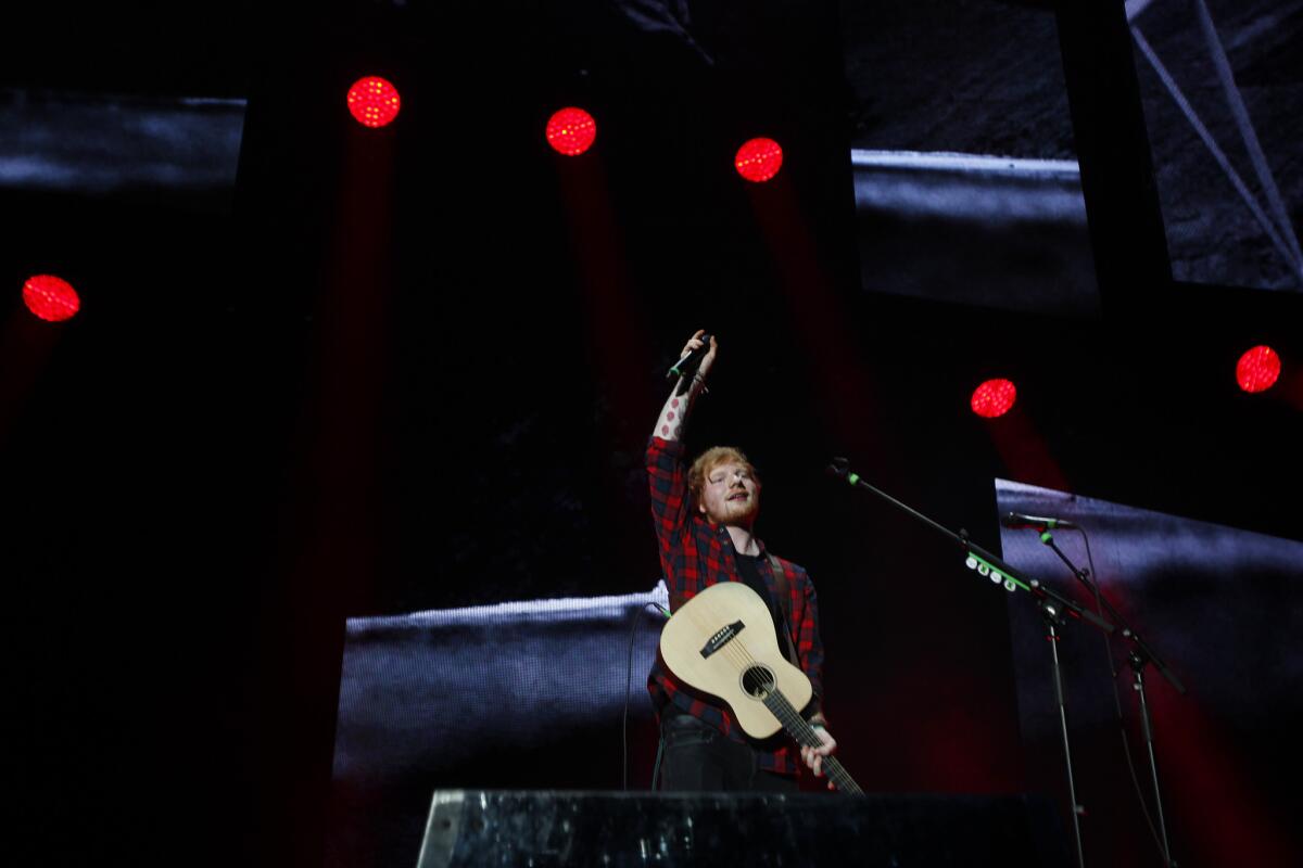 Ed Sheeran performs at Staples Center in Los Angeles on Wednesday evening.