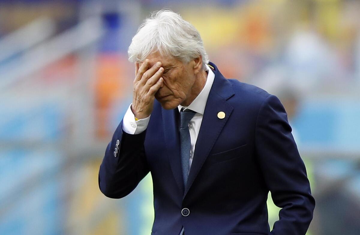 Colombia's coach Jose Pekerman reacts during the FIFA World Cup 2018 group H preliminary round soccer match between Colombia and Japan in Saransk, Russia, 19 June 2018.