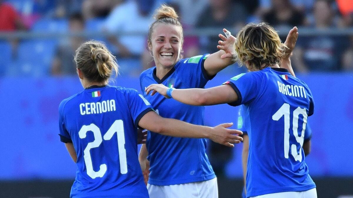 Italy midfielder Aurora Galli, center, is congratulated by teammates after scoring a goal against China at the Women's World Cup in France on Tuesday.