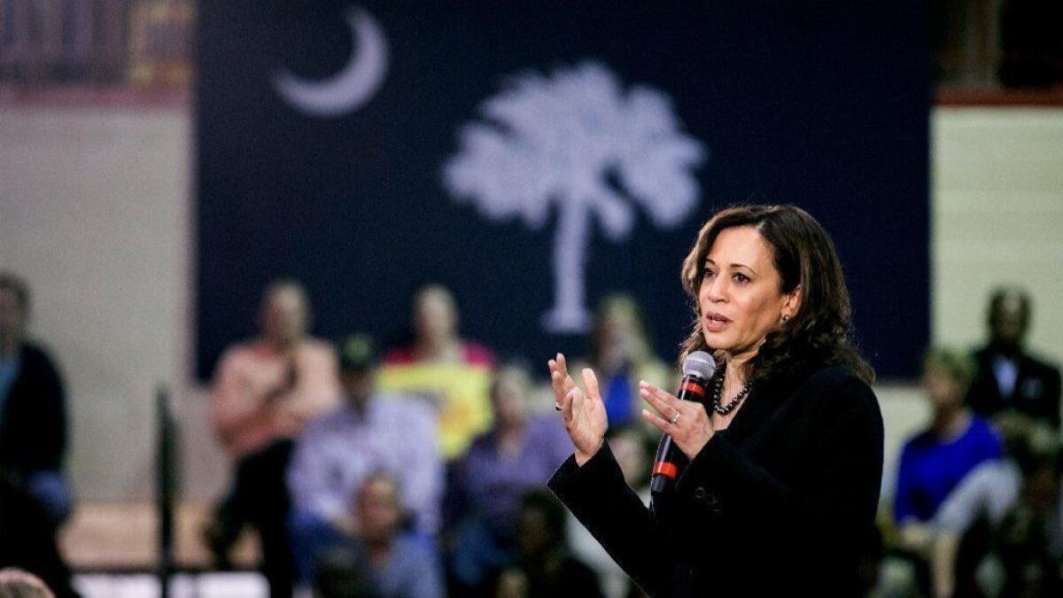 Sen. Kamala Harris speaks at a town hall meeting at the Brookland Health and Wellness Center in Columbia, S.C., on Feb. 16.