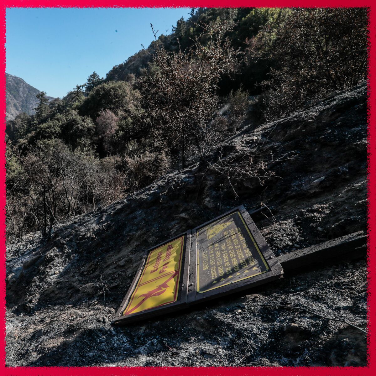 A sign damaged in the Bobcat fire.