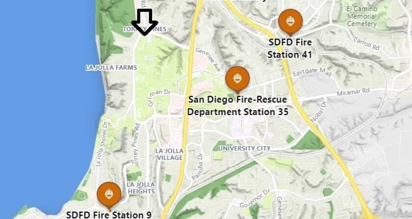 A map of current fire stations in the La Jolla area. The arrow points to the location of the planned Torrey Pines station.
